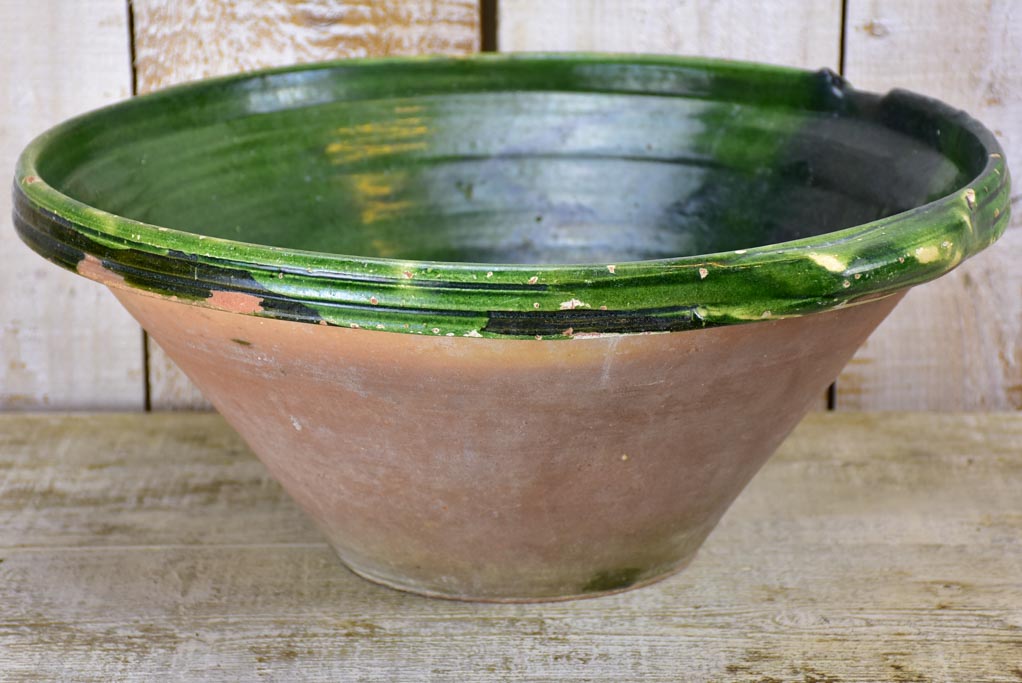Large antique French ceramic bowl / tian with green glaze