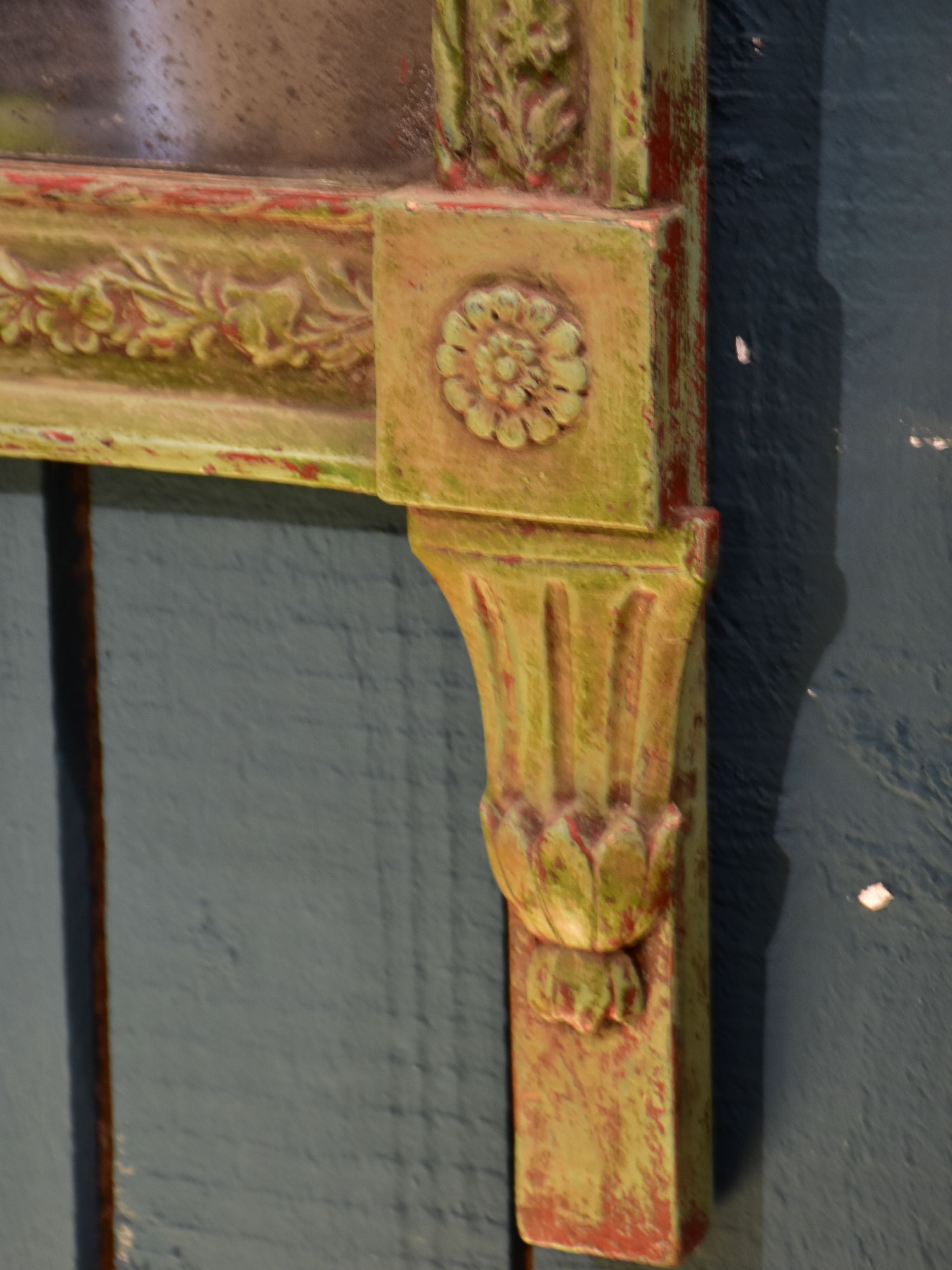 Rustic Green-Red Framed Louis XVI Mirror