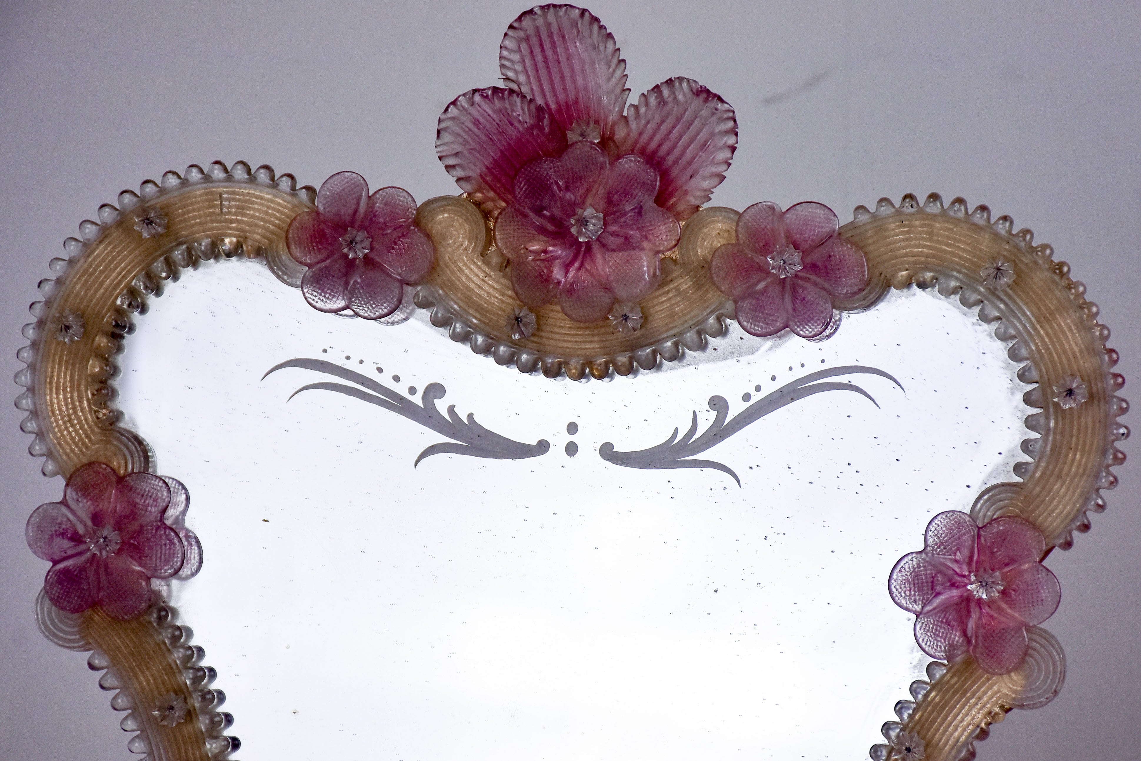 Small antique Venetian mirror with pink flowers 13 ¾'' x 17”