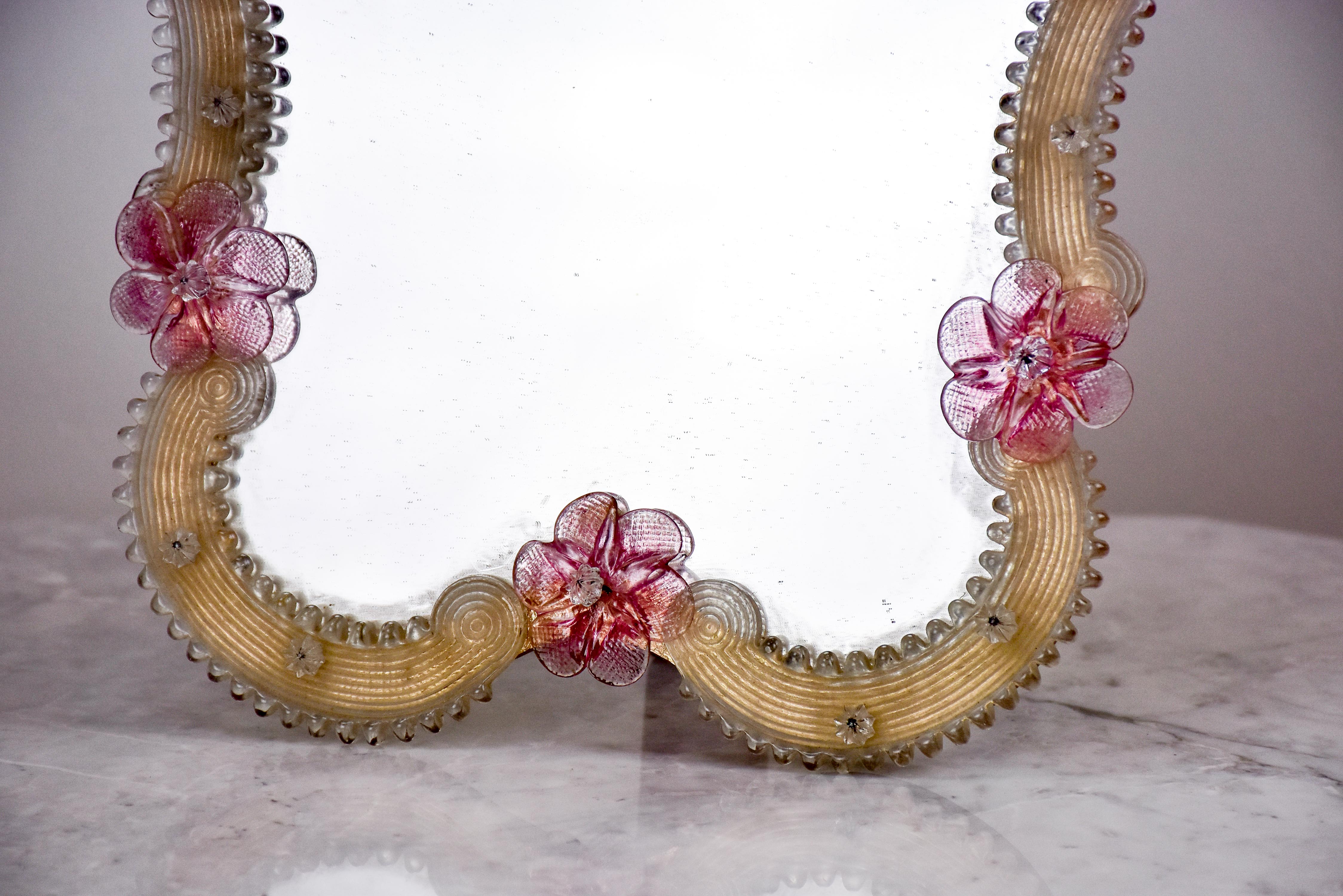Small antique Venetian mirror with pink flowers 13 ¾'' x 17”