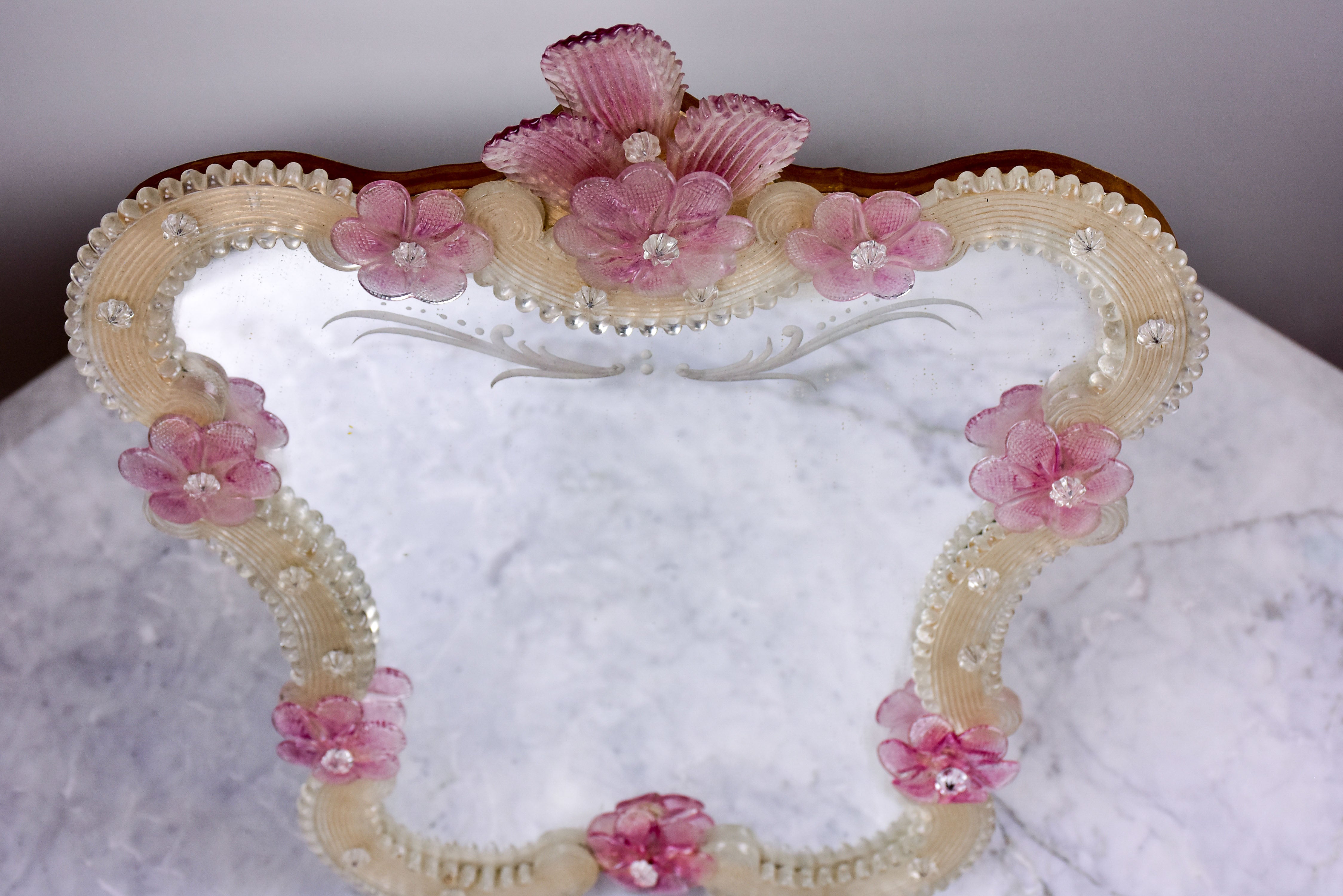Small antique Venetian mirror with pink flowers 13 ¾'' x 17”