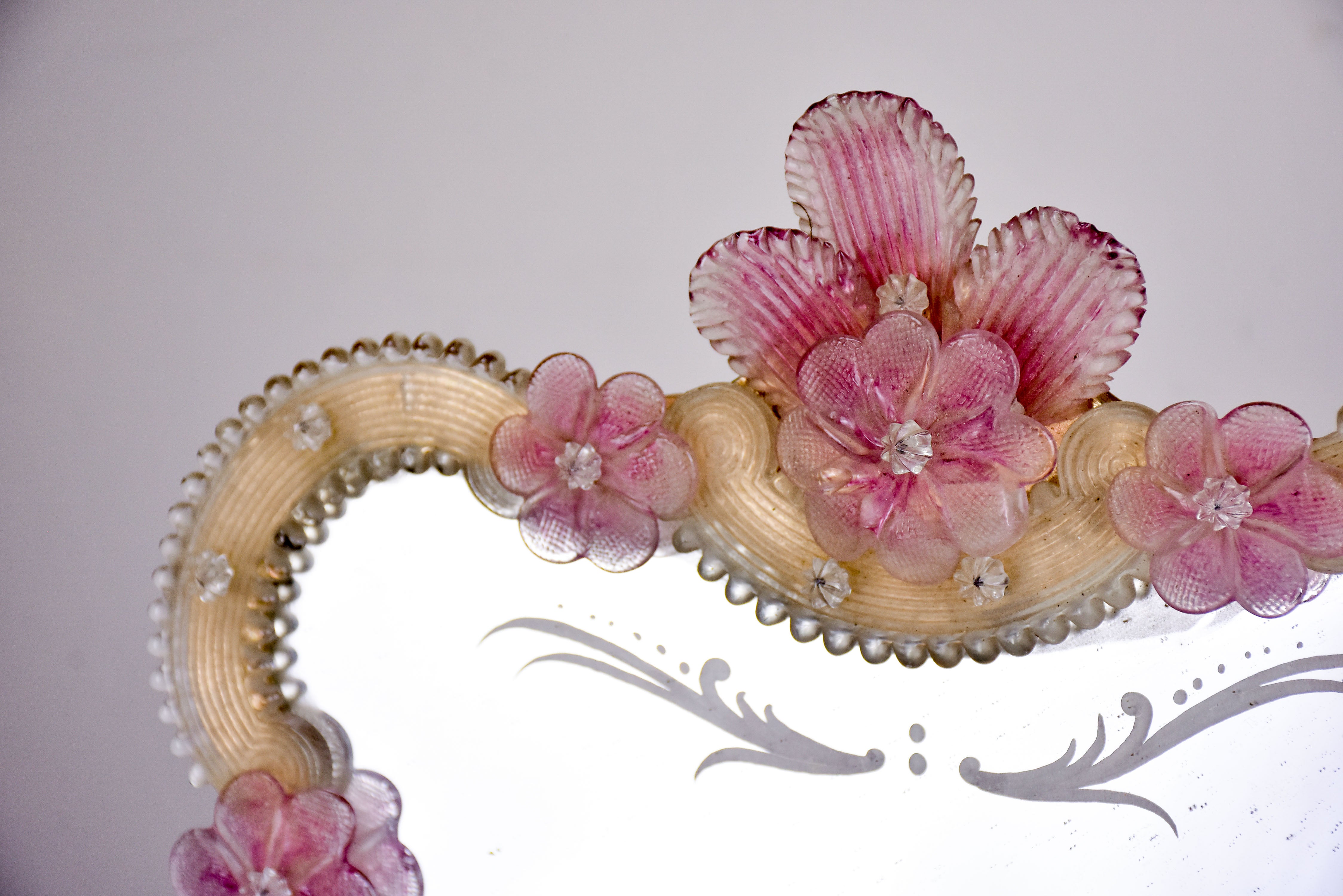 Small antique Venetian mirror with pink flowers 13 ¾'' x 17”