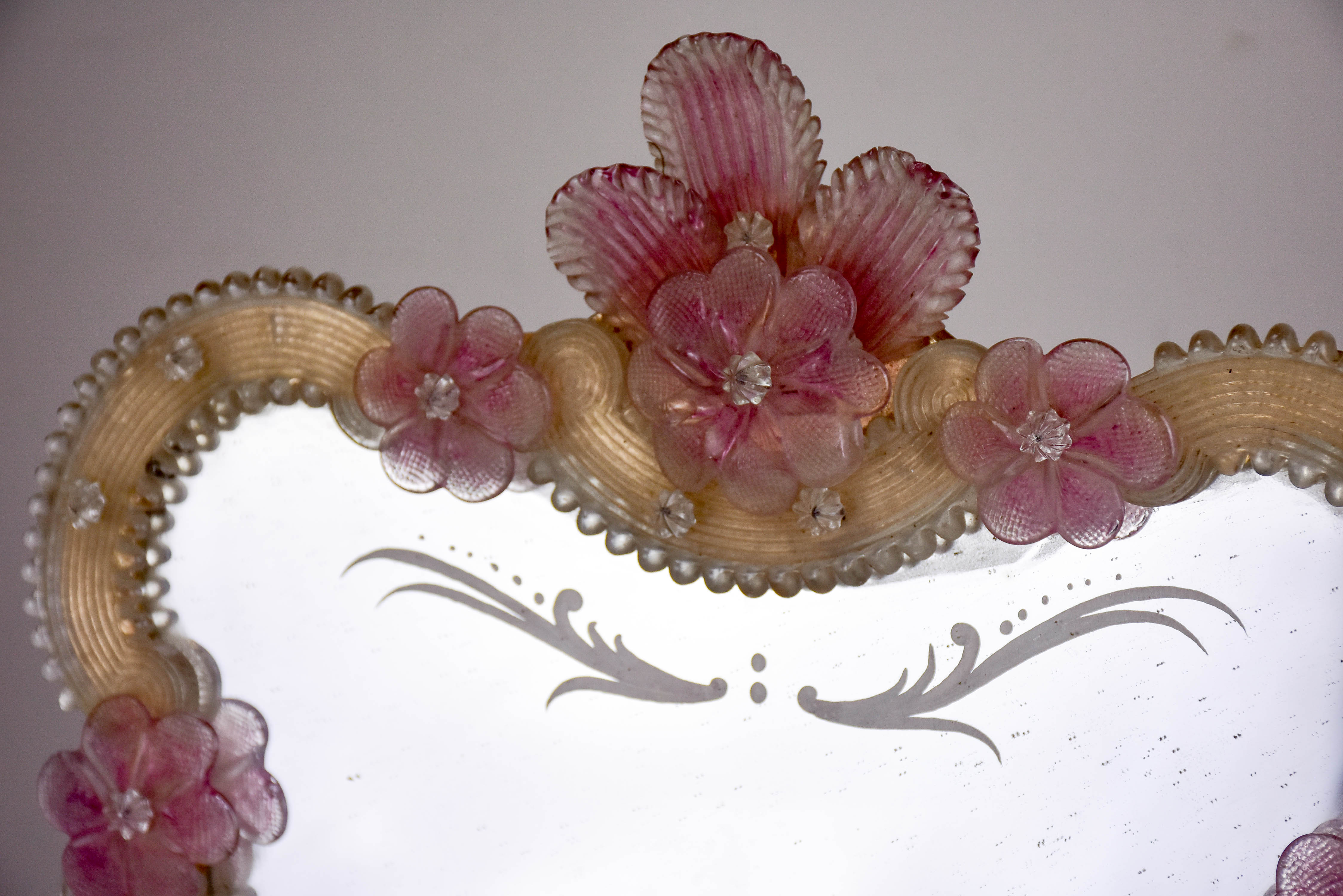 Small antique Venetian mirror with pink flowers 13 ¾'' x 17”