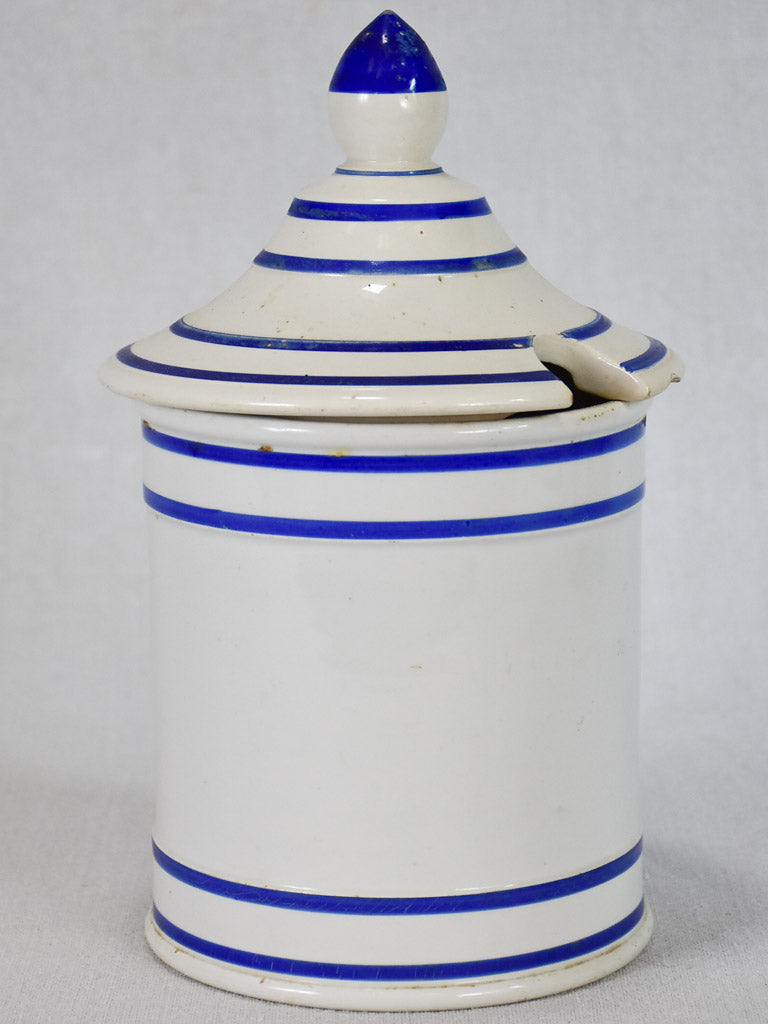 Antique French mustard pot with lid - blue and white 10¾"