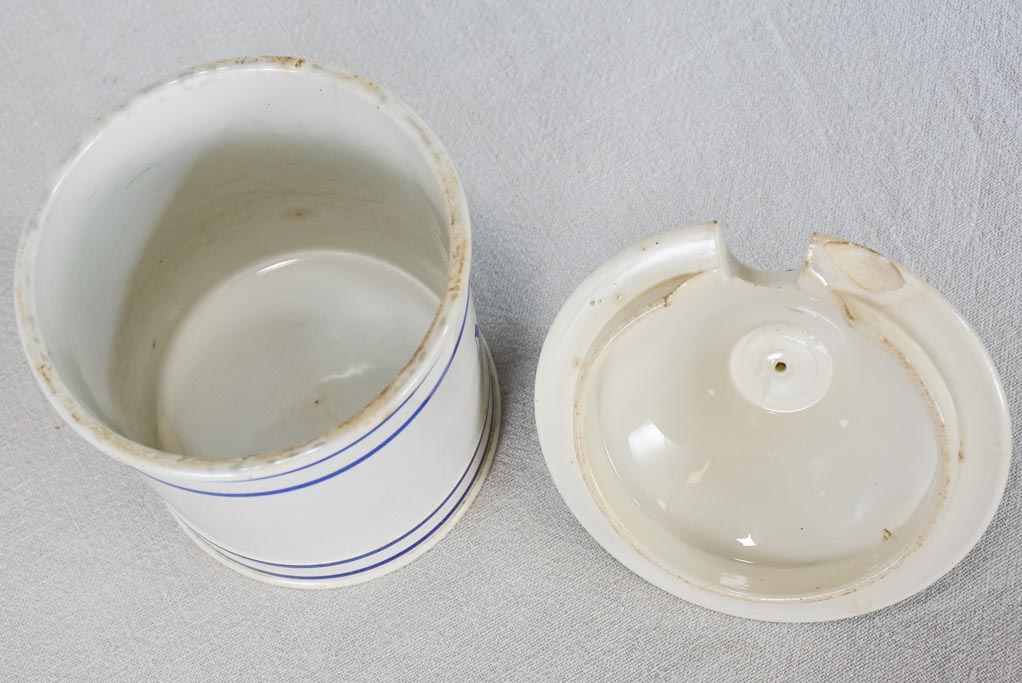 Antique French mustard pot with lid - blue and white 10¾"