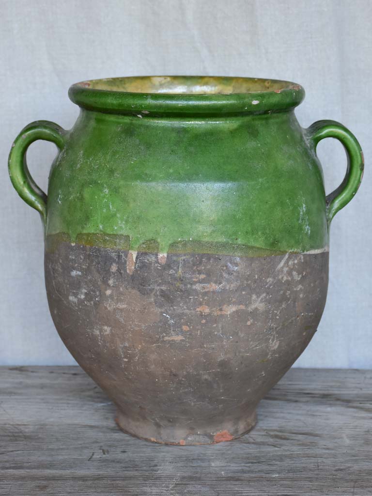Large antique French confit pot with green glaze 11¾"