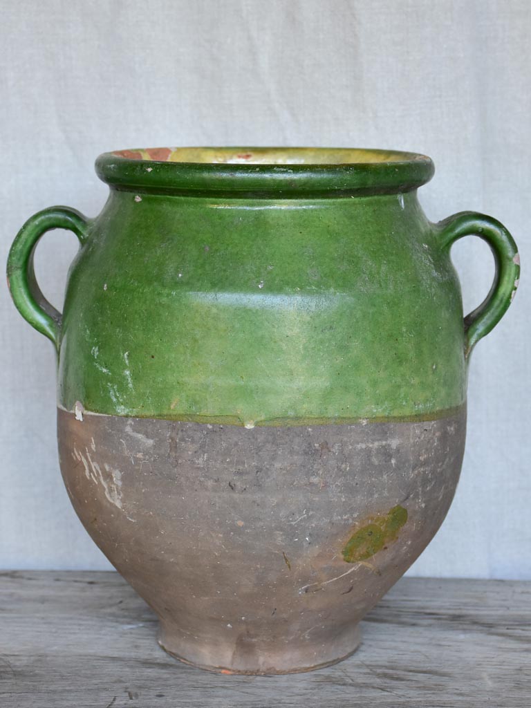 Large antique French confit pot with green glaze 11¾"