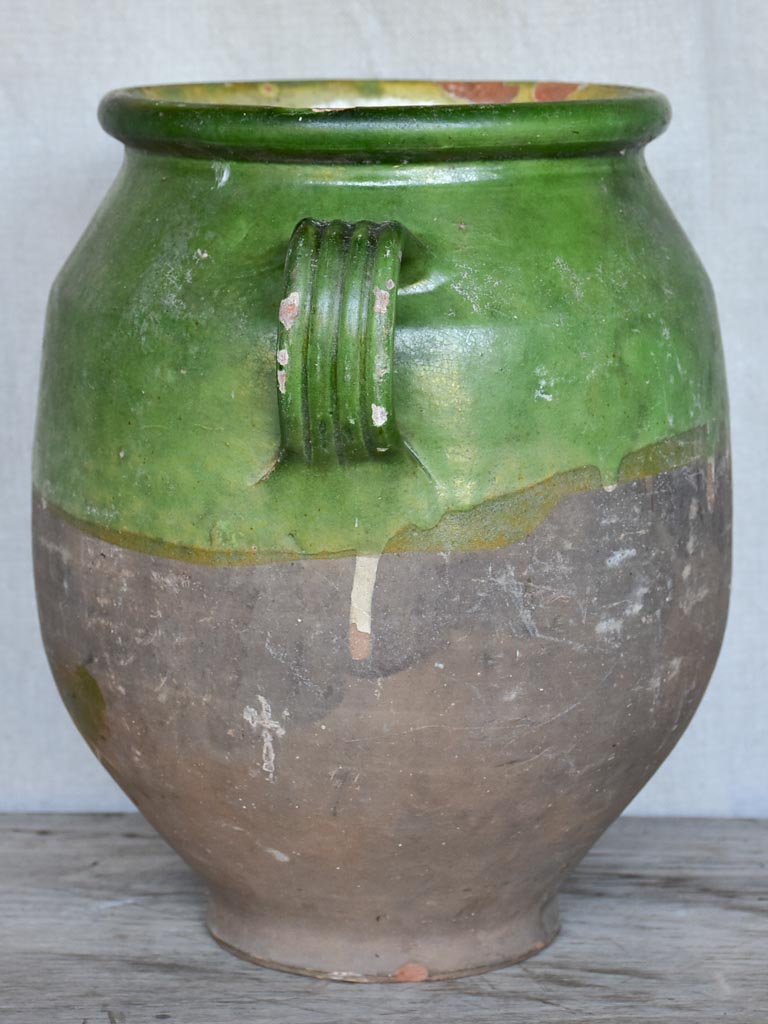 Large antique French confit pot with green glaze 11¾"