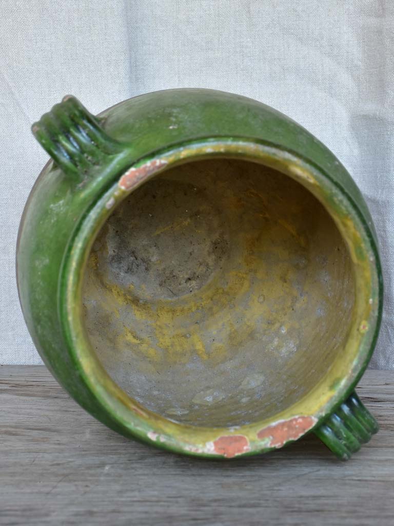 Large antique French confit pot with green glaze 11¾"