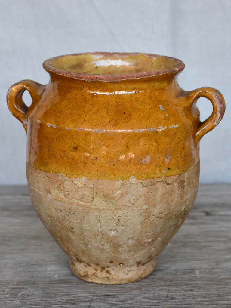 Small antique French confit pot with yellow / orange glaze 7½"