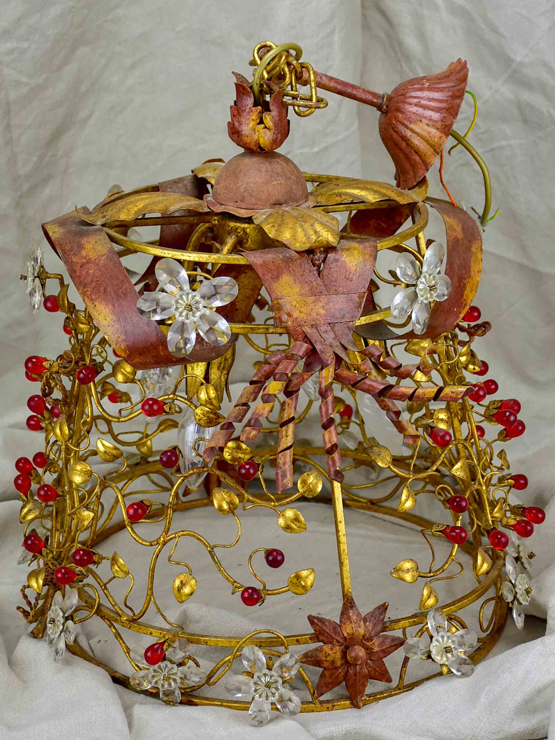 Mid-century pendant light fixutre with flowers and red drops