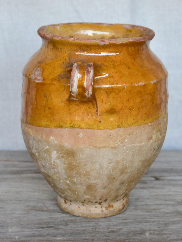 Small antique French confit pot with yellow / orange glaze 7½"