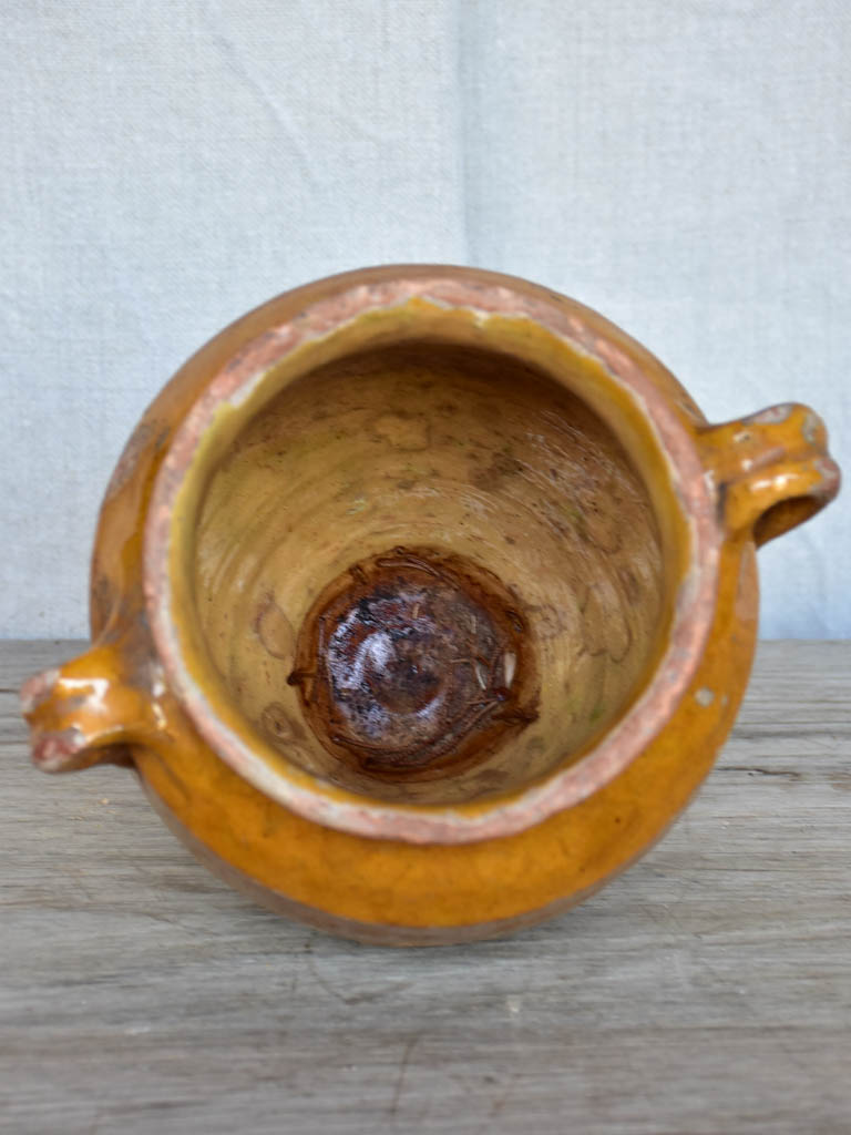 Small antique French confit pot with yellow / orange glaze 7½"