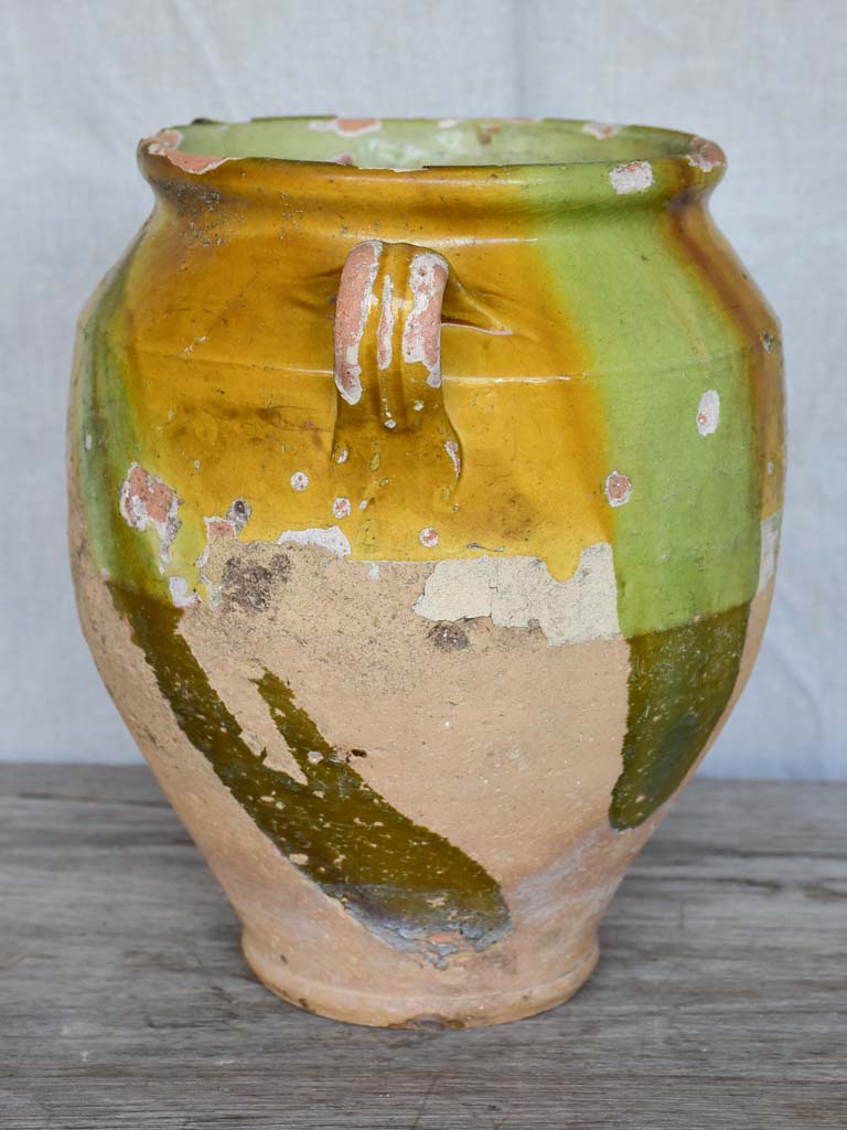 Late 19th / early 20th Century French confit pot with orange and green glaze 10¾"