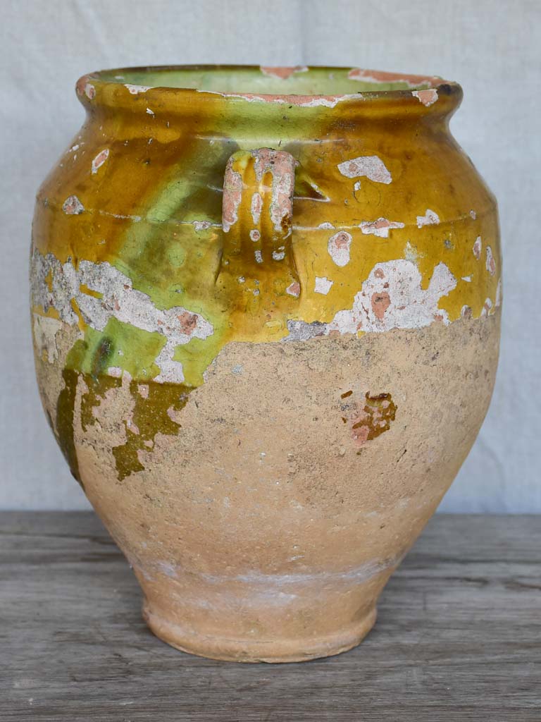 Late 19th / early 20th Century French confit pot with orange and green glaze 10¾"