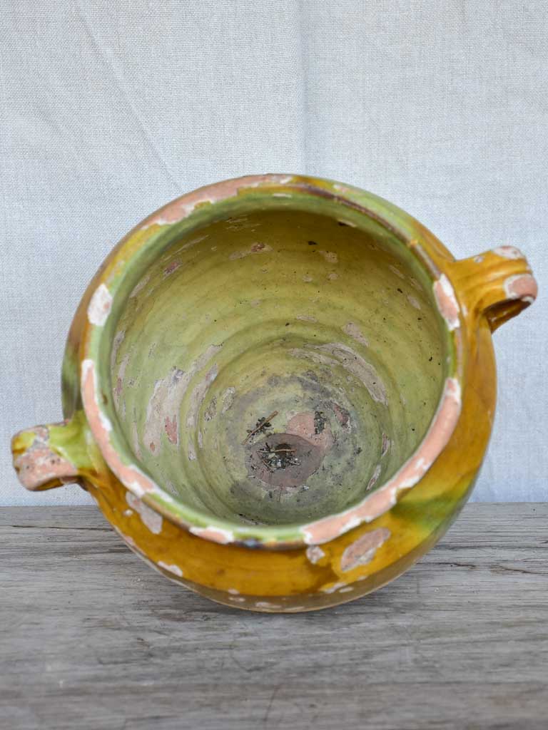 Late 19th / early 20th Century French confit pot with orange and green glaze 10¾"