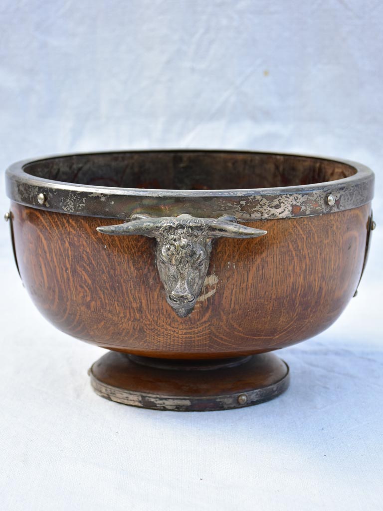 1930's English wooden ice bucket wine cooler with shield and bull's head handles