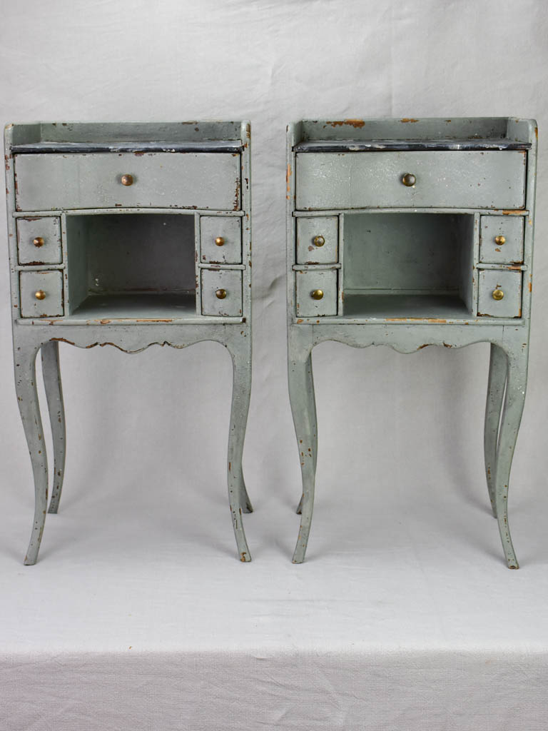 Pair of antique French Louis XV style nightstands with blue / gray patina
