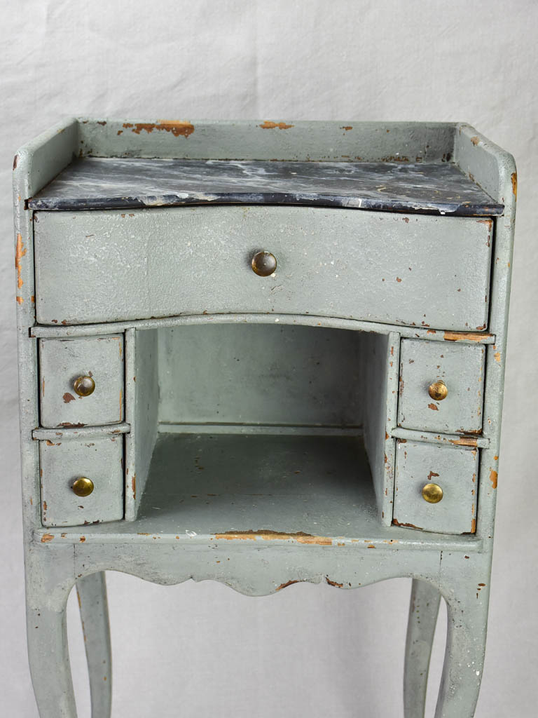 Pair of antique French Louis XV style nightstands with blue / gray patina