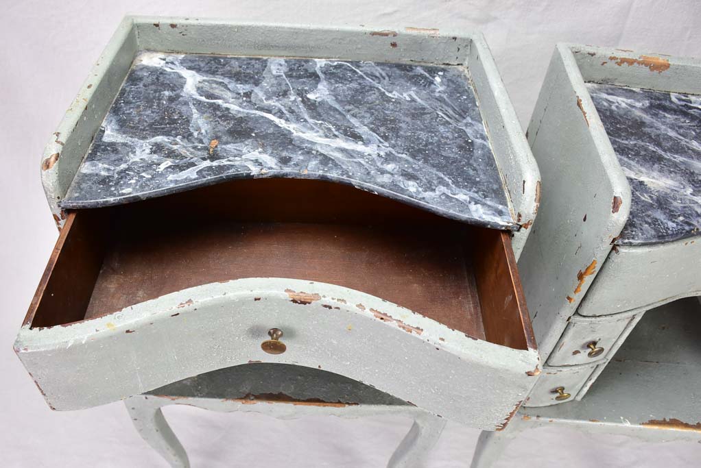 Pair of antique French Louis XV style nightstands with blue / gray patina