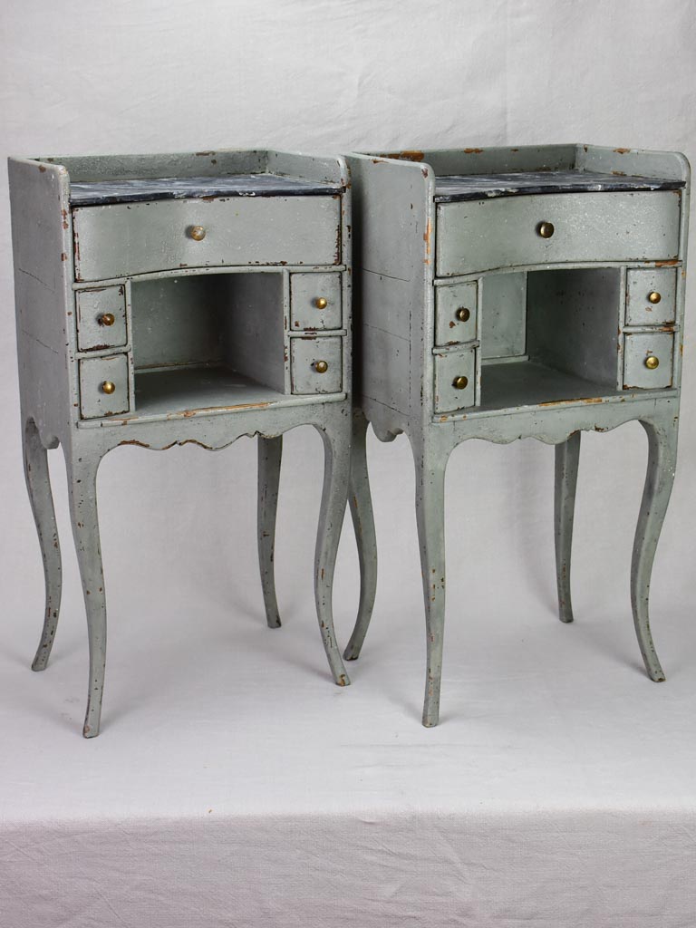 Pair of antique French Louis XV style nightstands with blue / gray patina