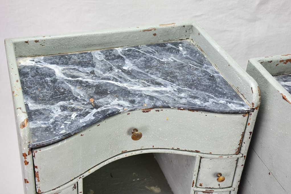 Pair of antique French Louis XV style nightstands with blue / gray patina