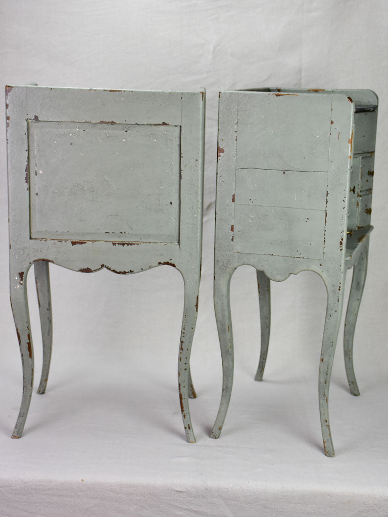 Pair of antique French Louis XV style nightstands with blue / gray patina