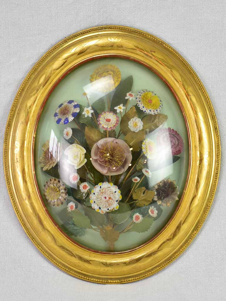 Napoleon III wedding shell bouquet in gilt oval frame with convex glass 20½" x 17¼"