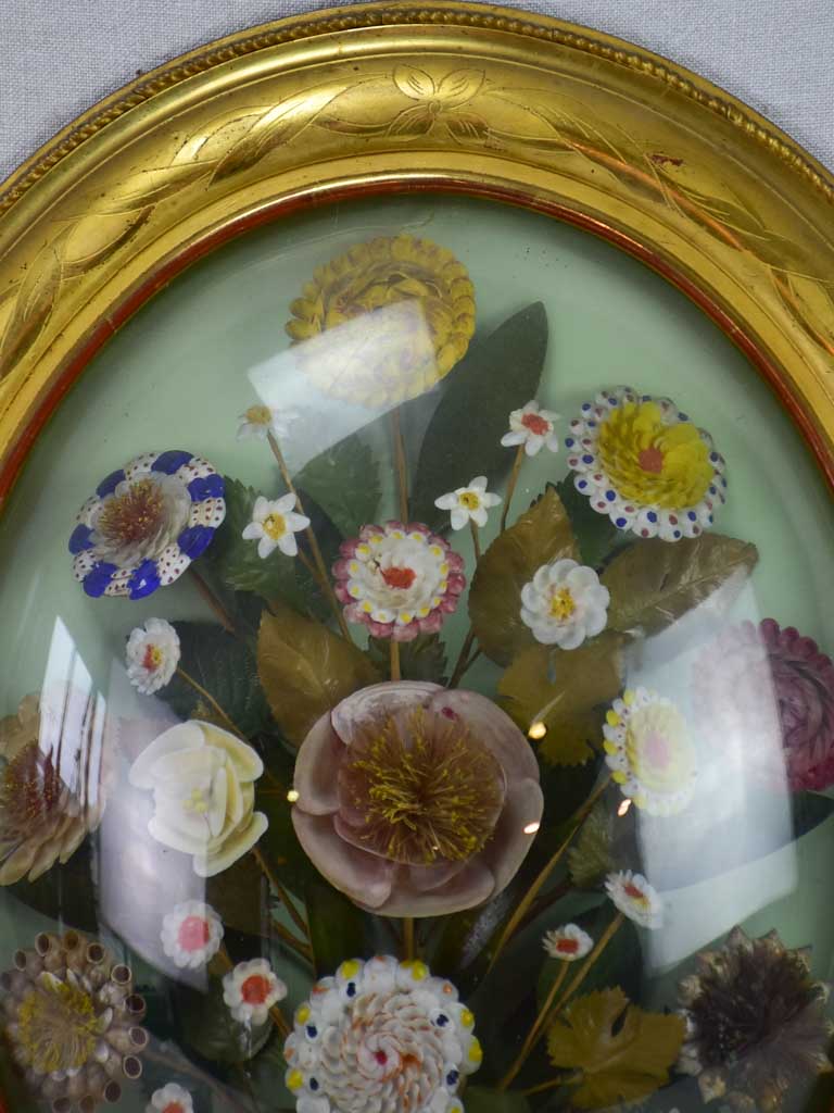 Napoleon III wedding shell bouquet in gilt oval frame with convex glass 20½" x 17¼"