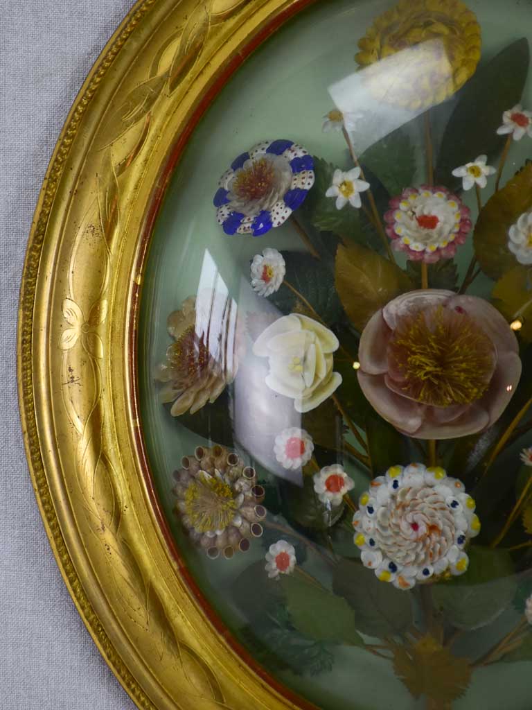 Napoleon III wedding shell bouquet in gilt oval frame with convex glass 20½" x 17¼"