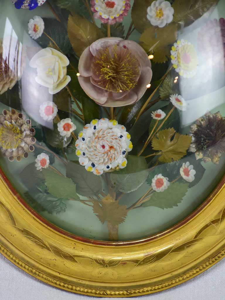 Napoleon III wedding shell bouquet in gilt oval frame with convex glass 20½" x 17¼"