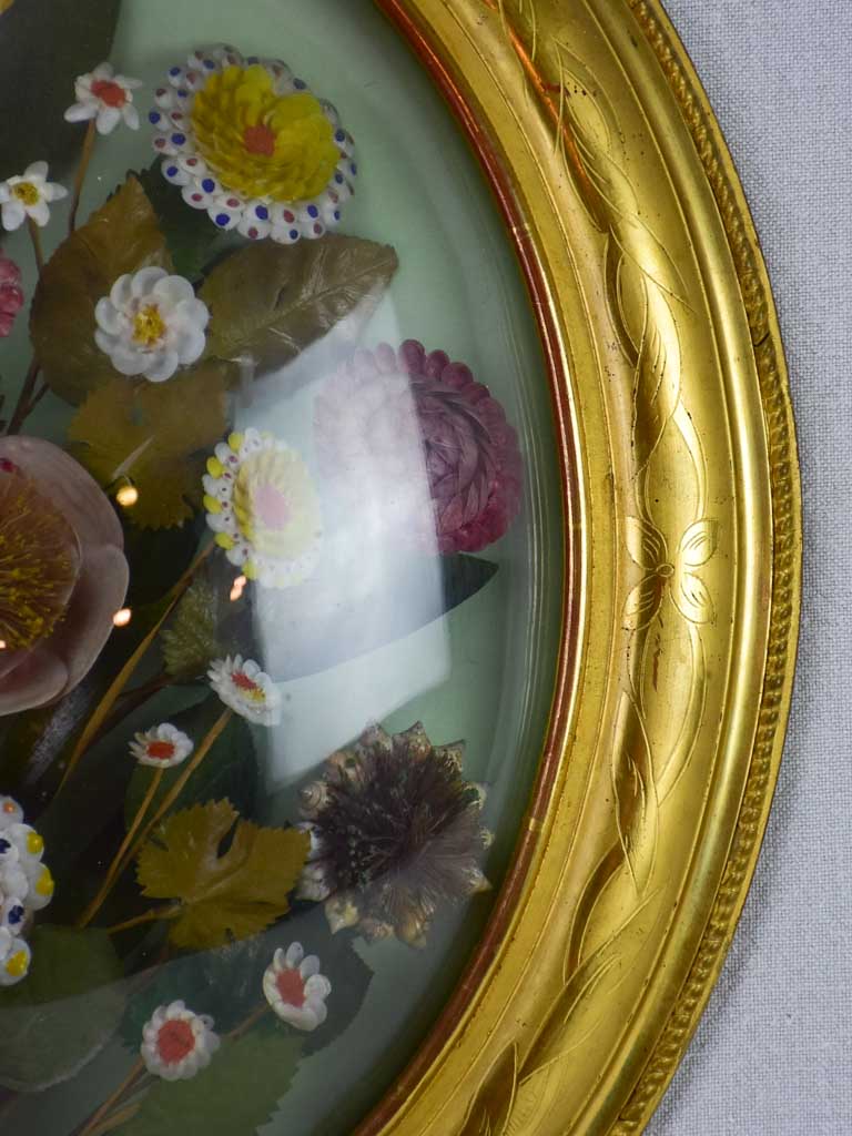 Napoleon III wedding shell bouquet in gilt oval frame with convex glass 20½" x 17¼"