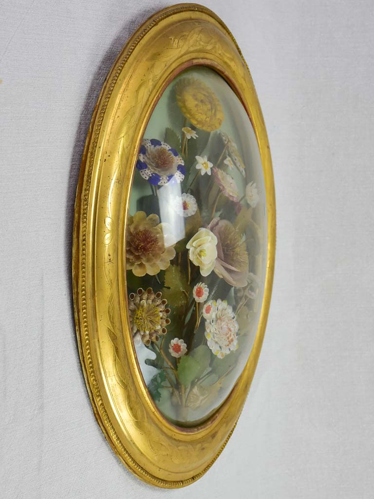Napoleon III wedding shell bouquet in gilt oval frame with convex glass 20½" x 17¼"