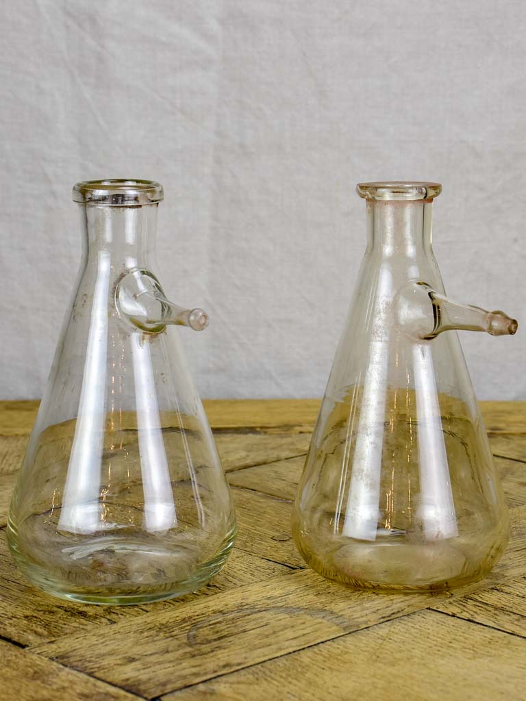Pair of vintage flasks from a laboratory with spouts 7½"