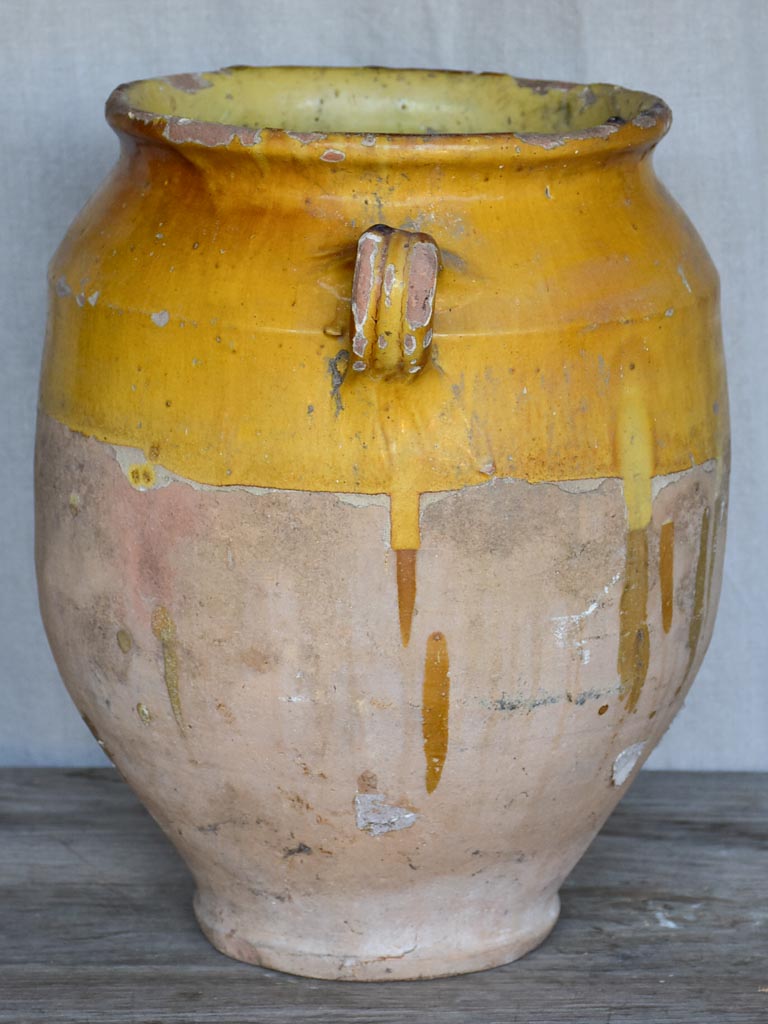 Very large antique French confit pot with yellow glaze 14¼"