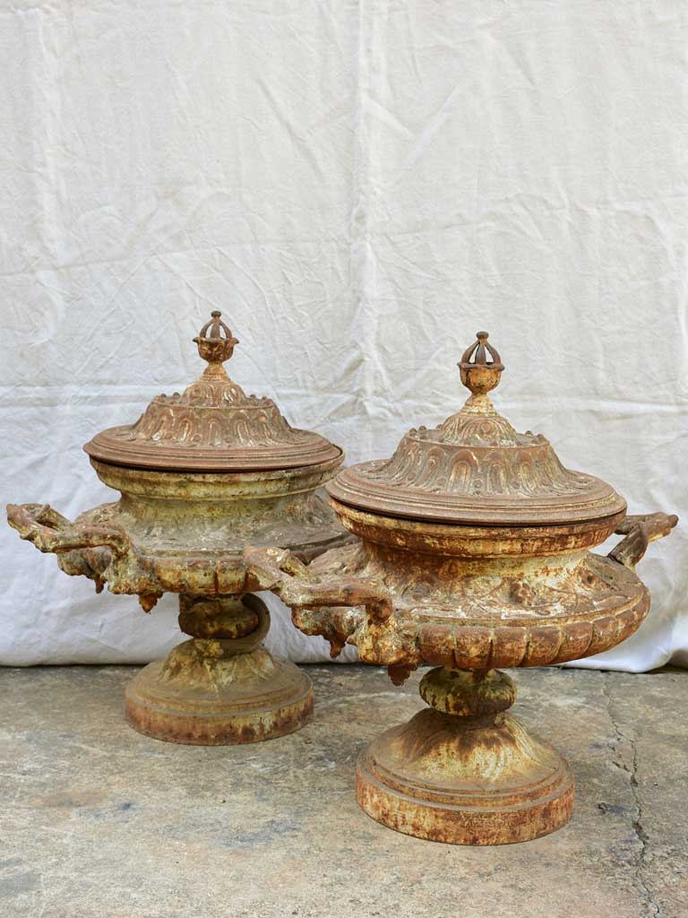 Rare pair 19th Century cast iron urns signed Corneau Alfred Charleville 27½"