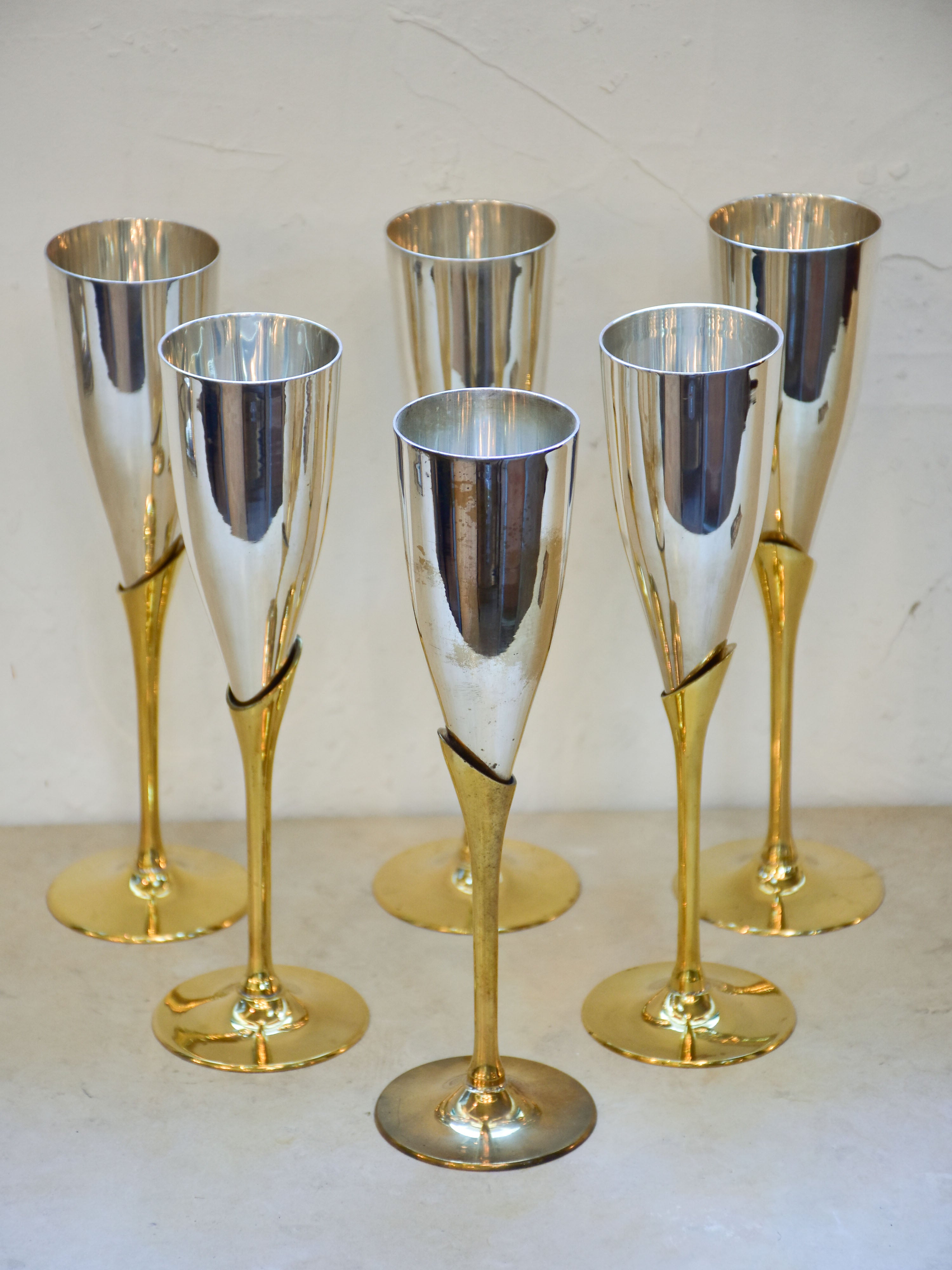 Six vintage French champagne glasses