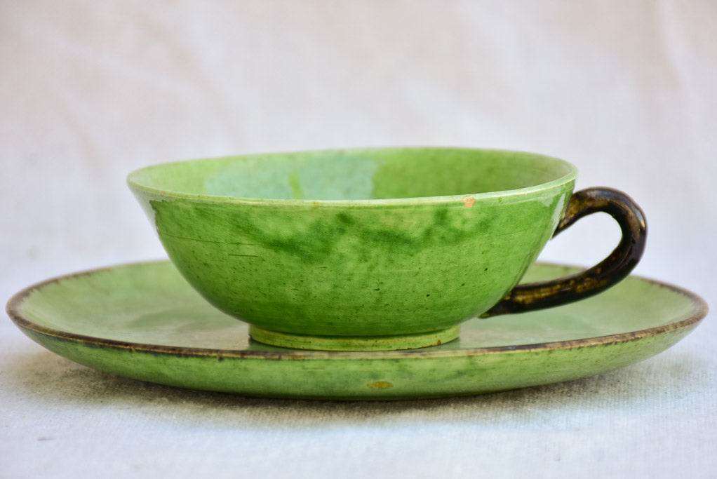 Tea service from Dieulefit with green glaze 8 cups 6 saucers teapot milk jug & sugar bowl