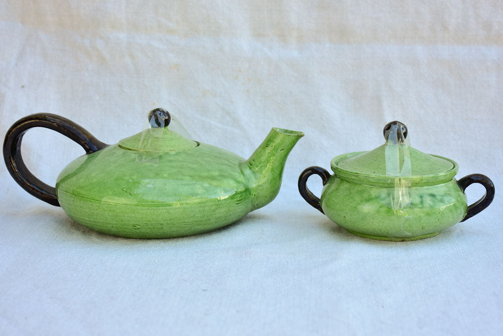 Tea service from Dieulefit with green glaze 8 cups 6 saucers teapot milk jug & sugar bowl