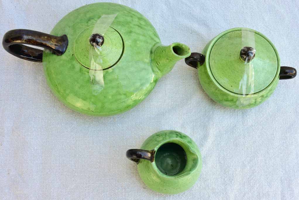Tea service from Dieulefit with green glaze 8 cups 6 saucers teapot milk jug & sugar bowl