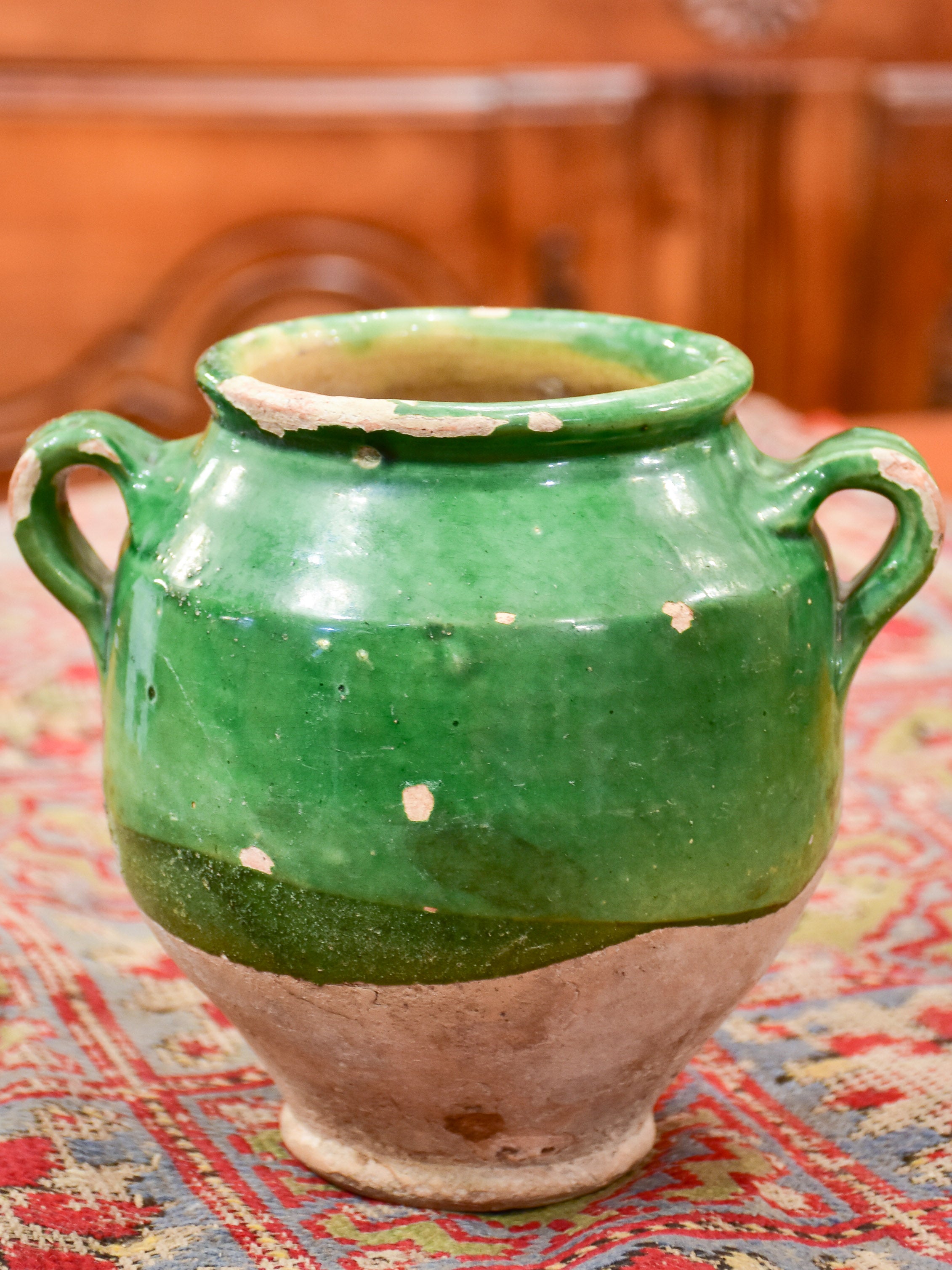 Petite antique French confit pot with green glaze