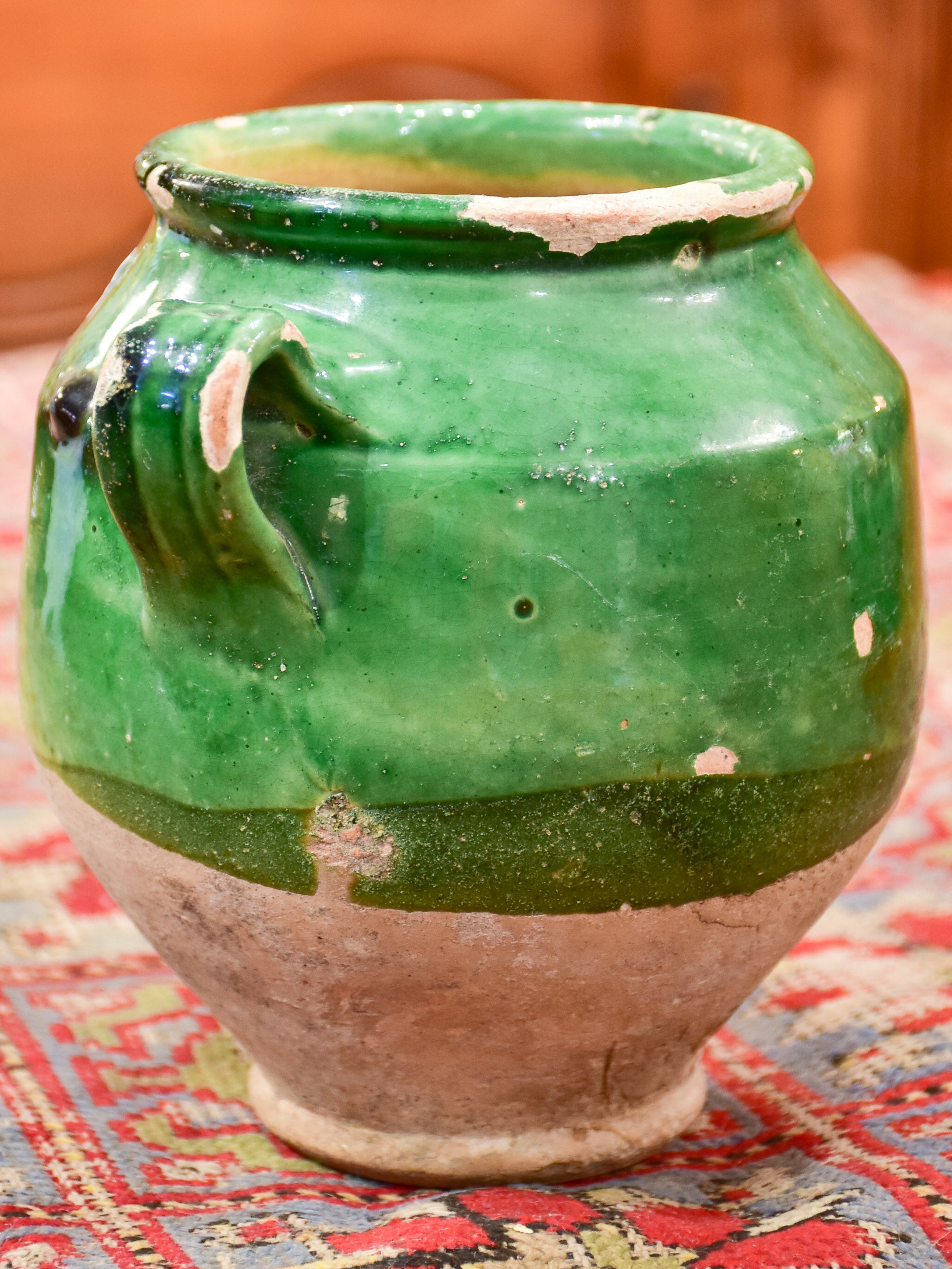 Petite antique French confit pot with green glaze