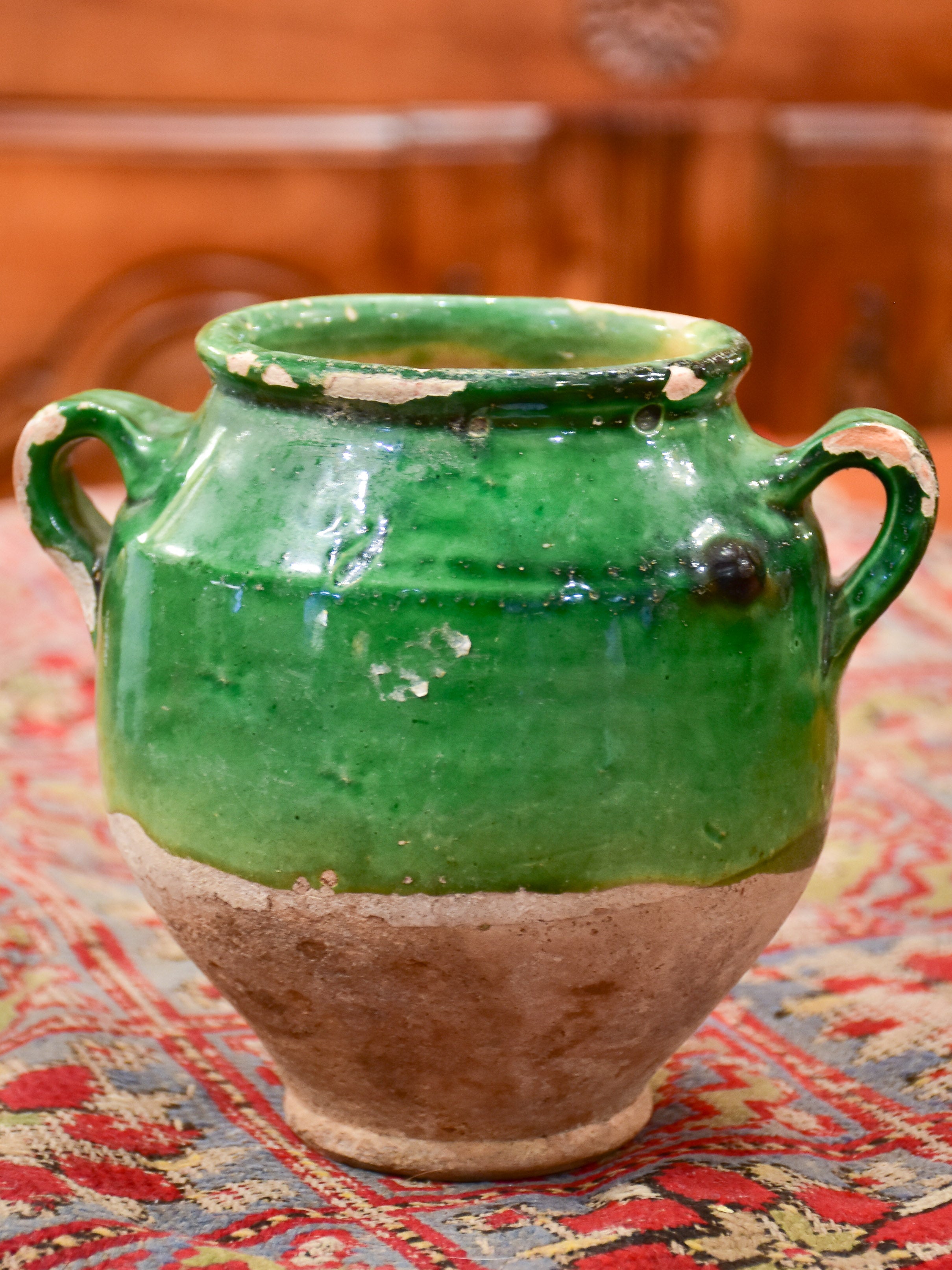 Petite antique French confit pot with green glaze