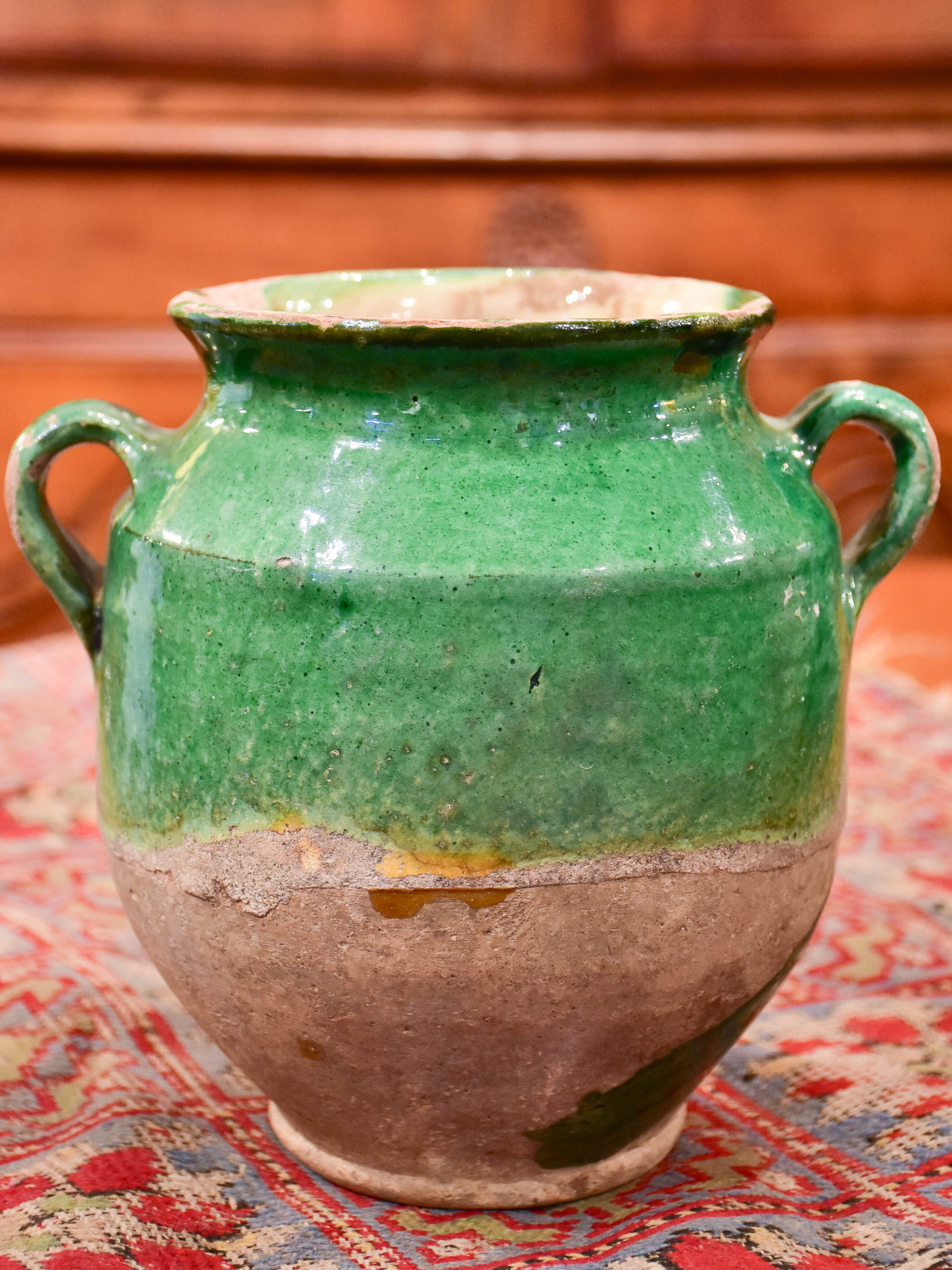 Antique French confit pot with green glaze