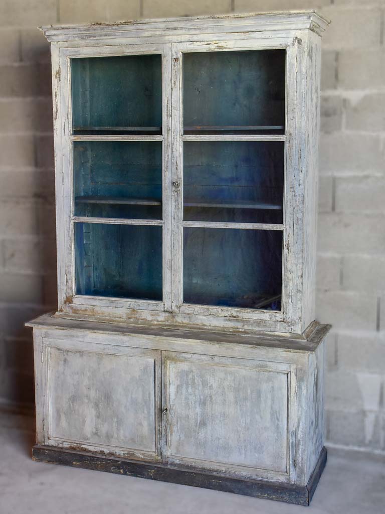 Late 19th Century French glass door cabinet / vitrine with grey and teal patina