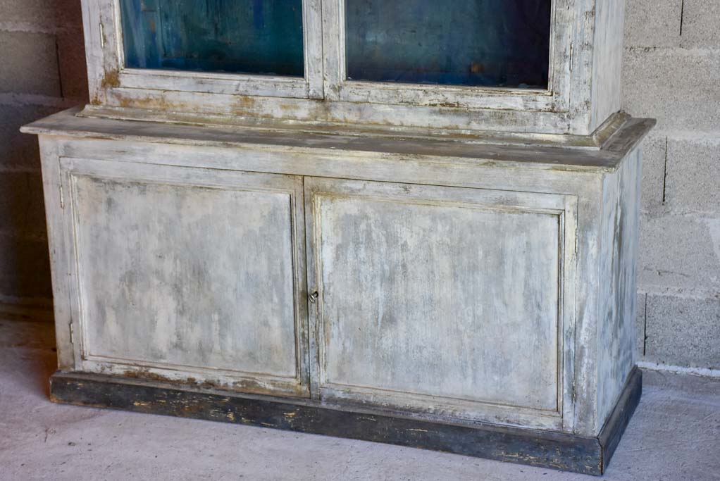 Late 19th Century French glass door cabinet / vitrine with grey and teal patina