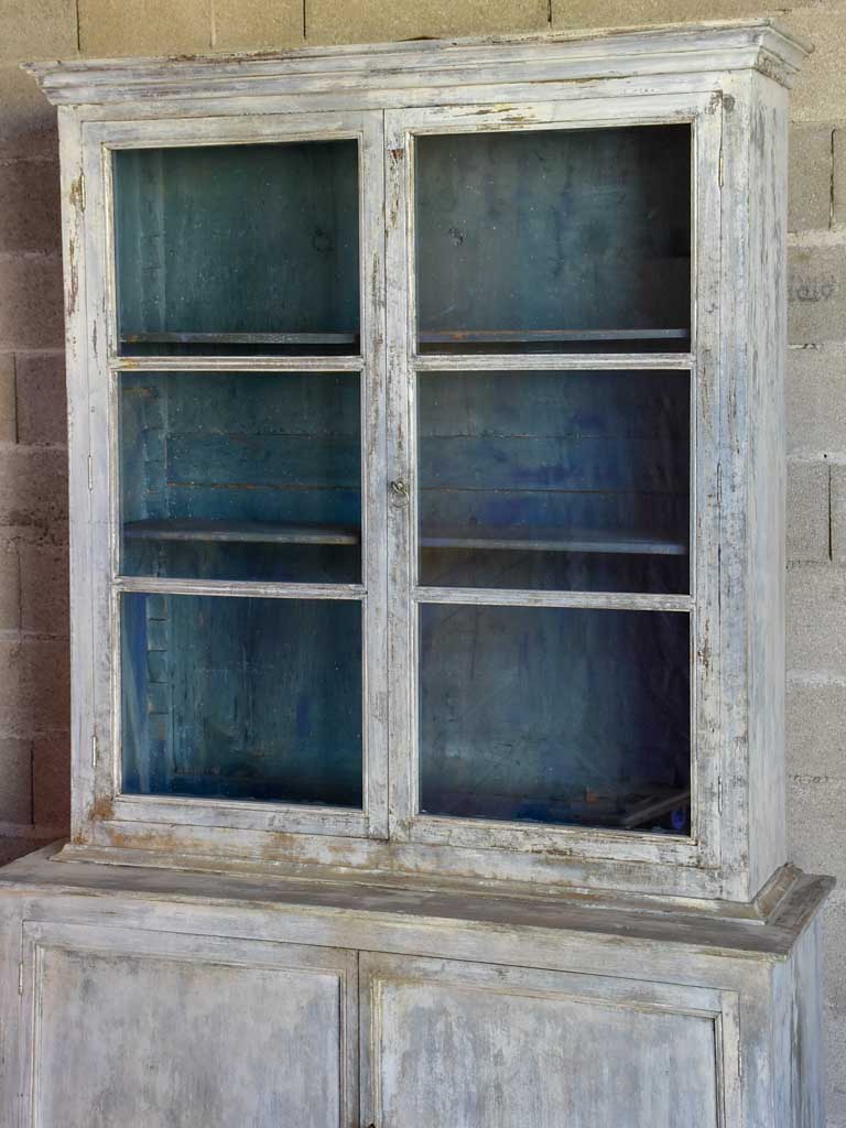 Late 19th Century French glass door cabinet / vitrine with grey and teal patina