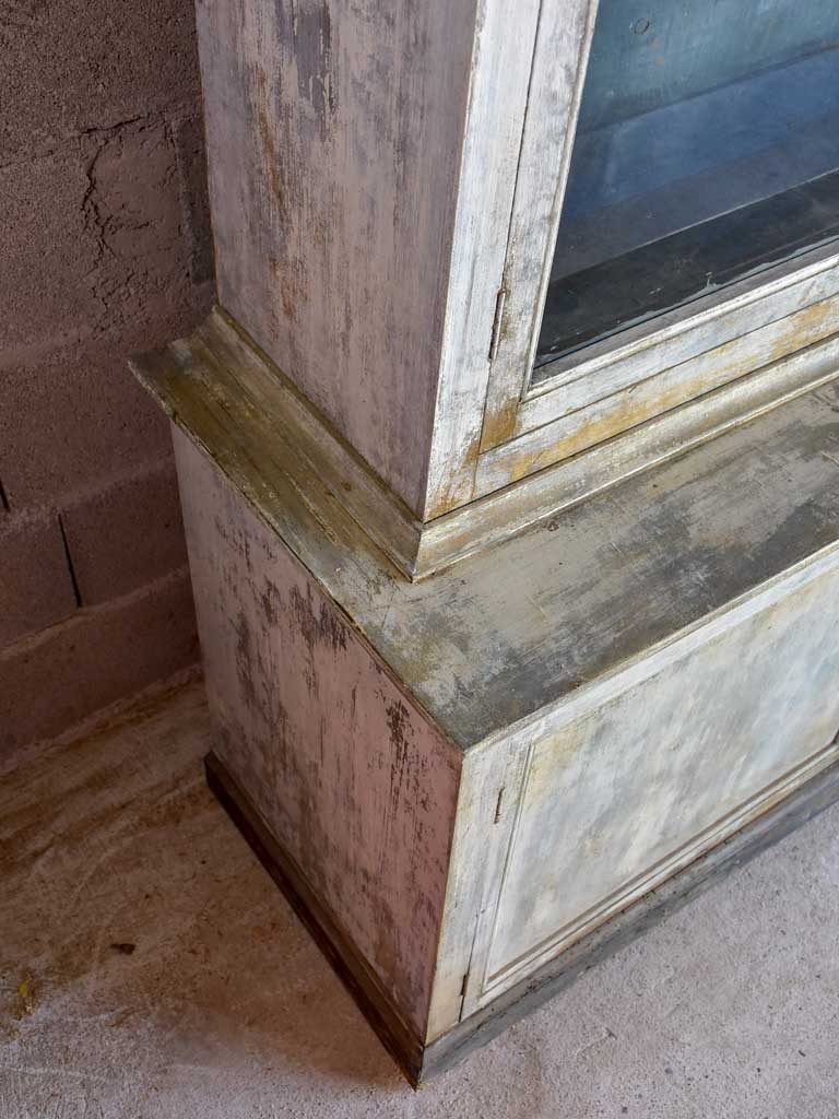 Late 19th Century French glass door cabinet / vitrine with grey and teal patina