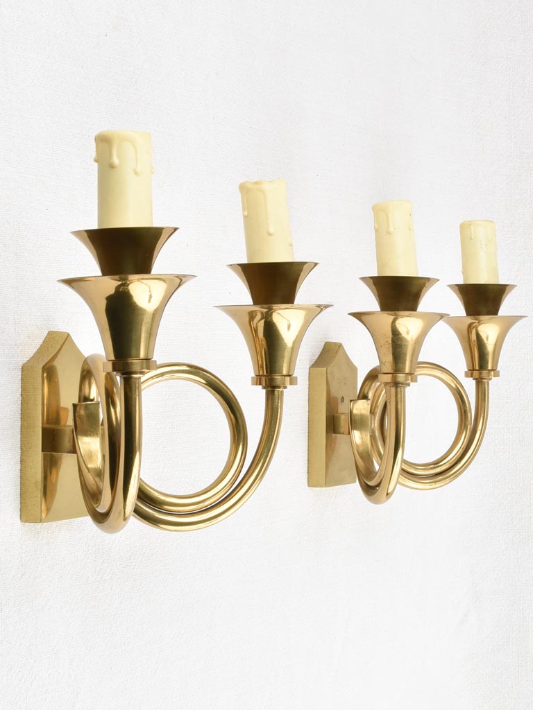 Vintage 2-light wall sconces - brass 'horn' 8"