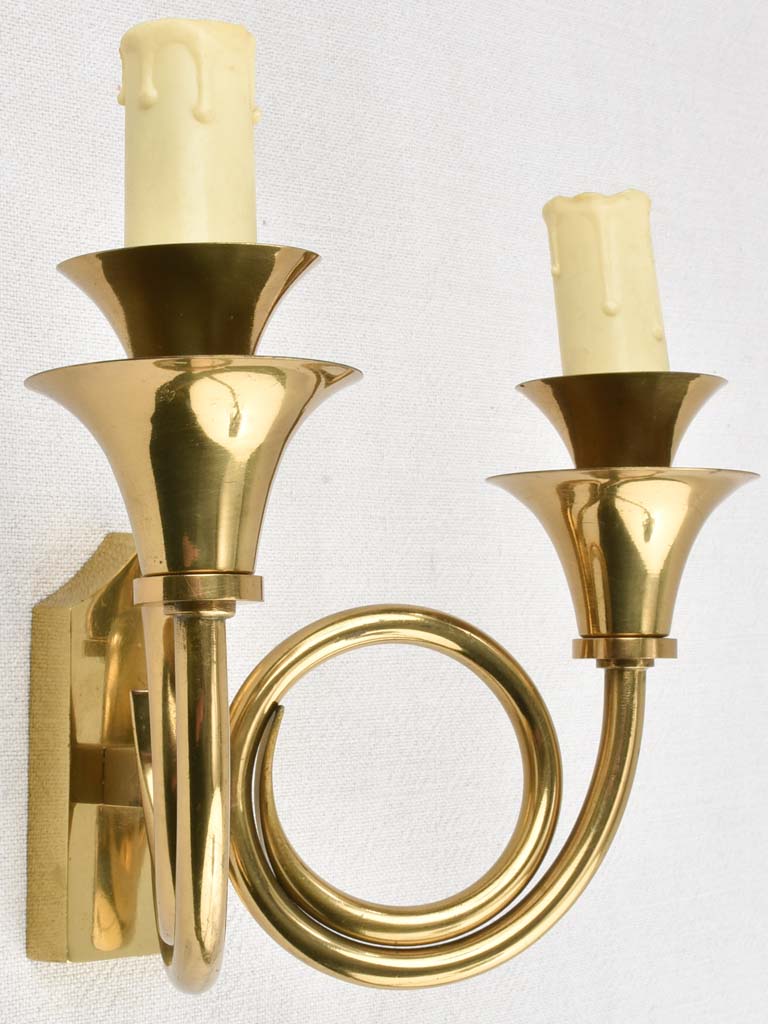 Vintage 2-light wall sconces - brass 'horn' 8"